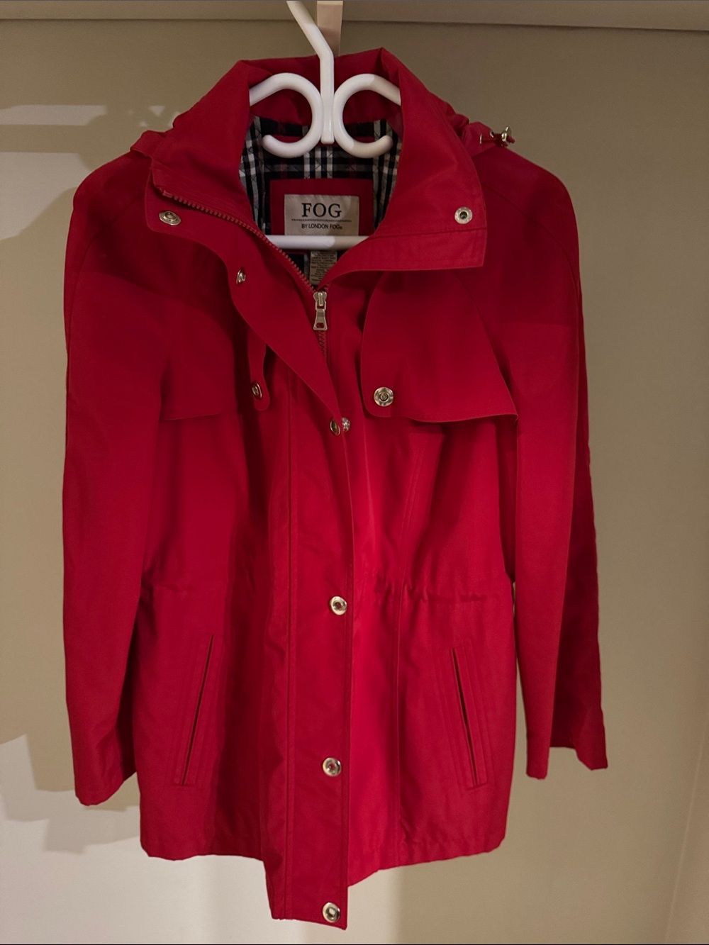 London Fog Red Hooded Utility Jacket Plaid Lining Size Small